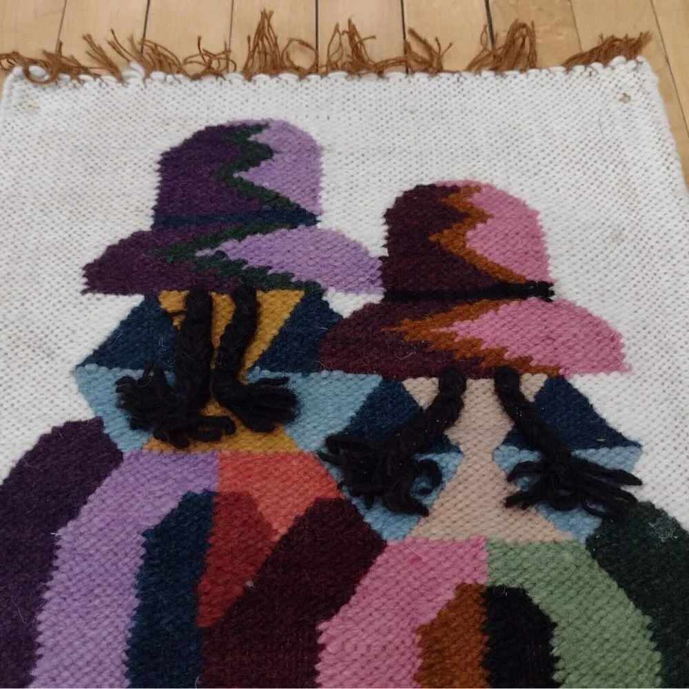 Vtg Set Handmade Peruvian Textile Placemats Wall Hangings Folk Art Girls Birds